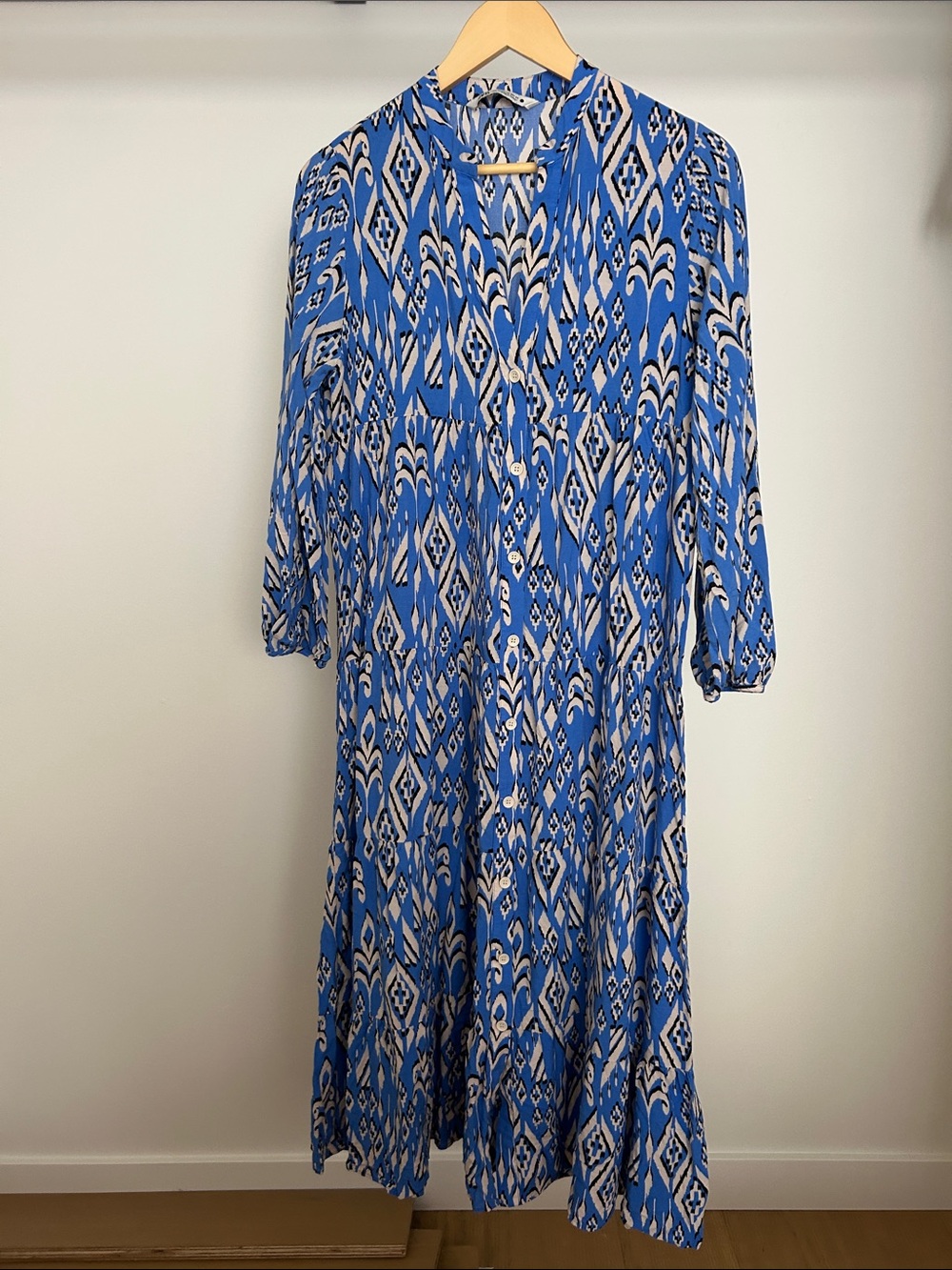 Zara Blue and White Long Sleeve Tiered Maxi Dress